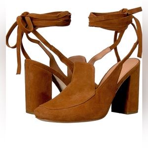 Sigerson, Morrison cognac, baby kid suede strap up slip on heels